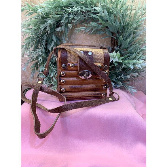 None Handbags - Vintage Wooden Leather Purse Bag Crossbody EUC